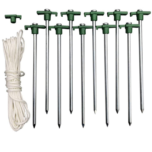 Eurmax 11'' Galvanized Non-Rust Camping Family Tent Pop Up Canopy Stakes 10pc-Pack, Bonus 4x10ft Ropes & 1 Green Stoppe
