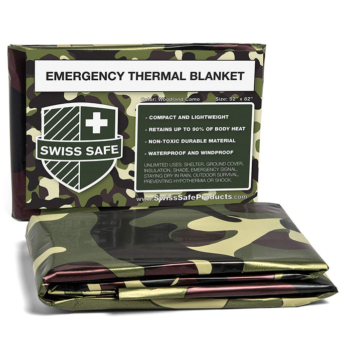 Swiss Safe Camouflage Emergency Mylar Blankets – Perfect for Outdoor Camping, Hiking, Survivalist, Shelters, Preppers, Hunting, First Aid Kit