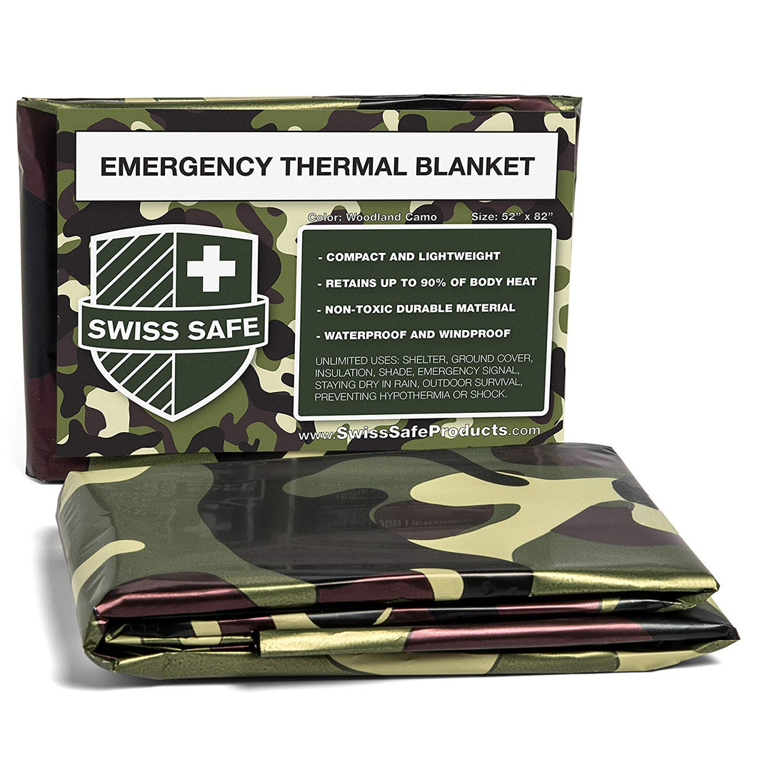 Swiss Safe Camouflage Emergency Mylar Blankets – Perfect for Outdoor Camping, Hiking, Survivalist, Shelters, Preppers, Hunting, First Aid Kit